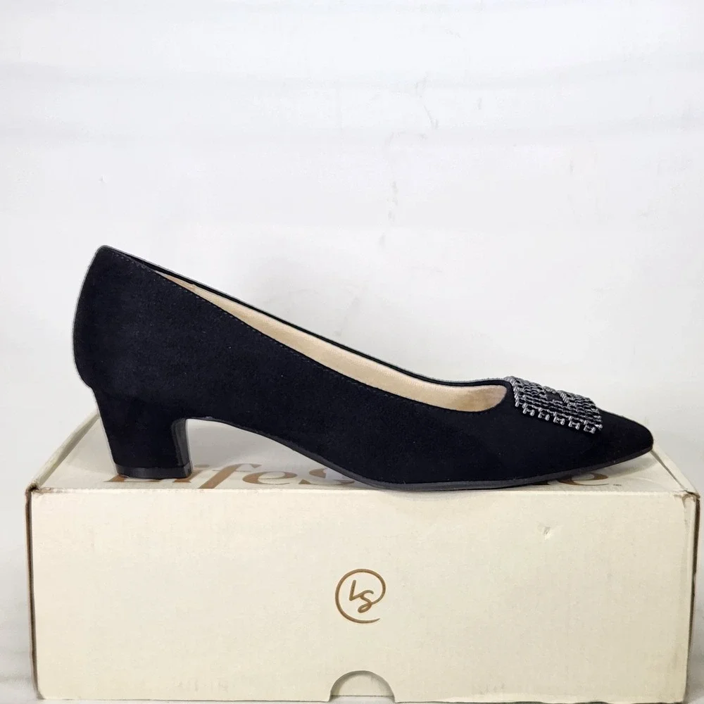 LifeStride Minx Bling Pumps Women Size 8 Black Micro Rhinestone Block Heel New
